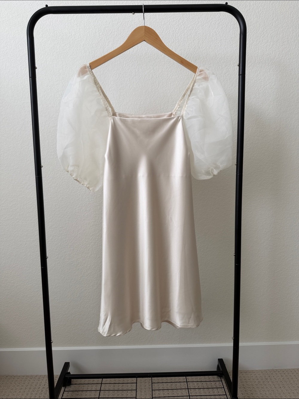 Cream Satin Mini Dress with Sheer Puff Sleeves